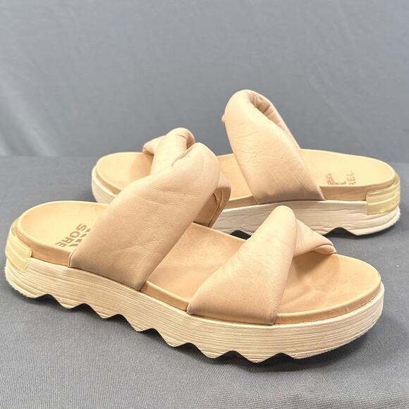 Sorel Kinetic Impact Puffy Slide Sandal Women 7.5 Beige Leather Platform Comfort - Picture 1 of 13